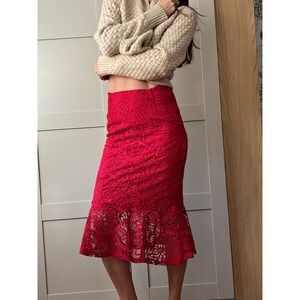 Zara Red Guipure Lace Mermaid Coquette Midi Skirt Glam Crochet Fluted Hem Small